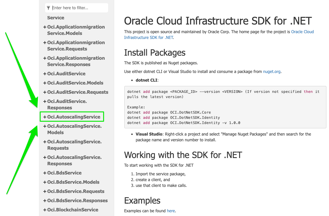 A screenshot of the left menu in the previous documentation page expanded with Oci.AutoscalingService outlined in green with arrows pointing to it.