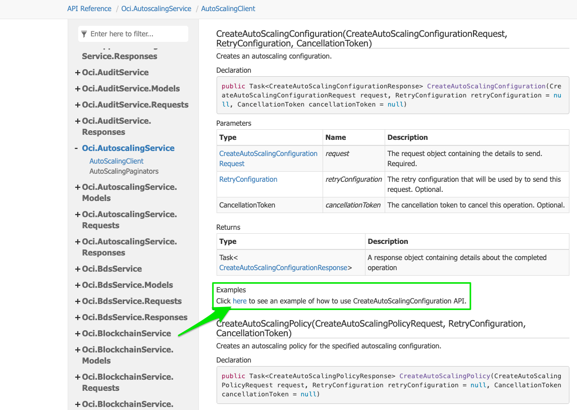 A screenshot of the Examples section outlined in green.