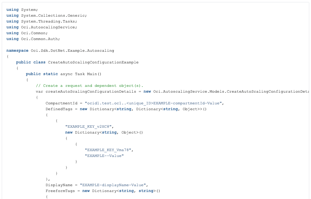 A screenshot of the premade example code of the Autoscaling service.