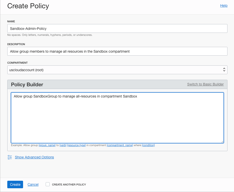 A screenshot of the Create Policy screen with the advanced option of the policy builder expanded.