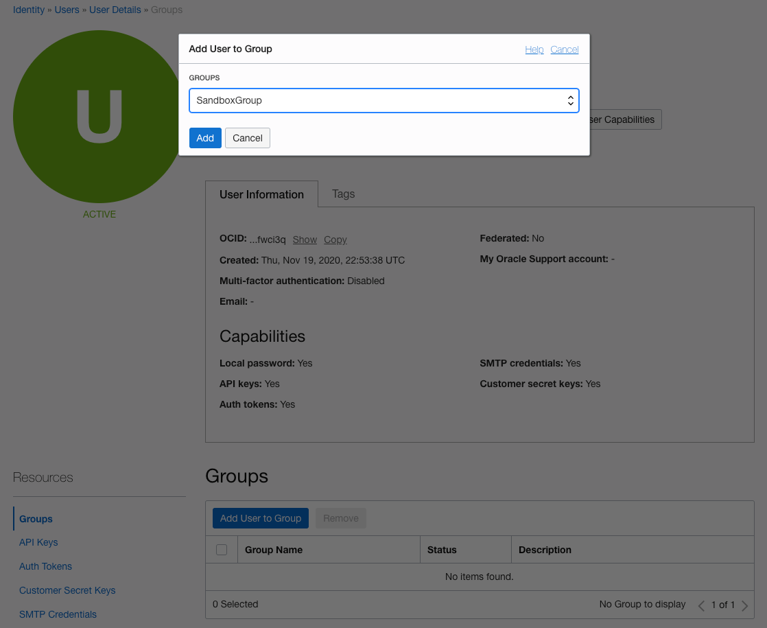 A screenshot of the User Details page, open to the Groups section with the Add User to Group window open.