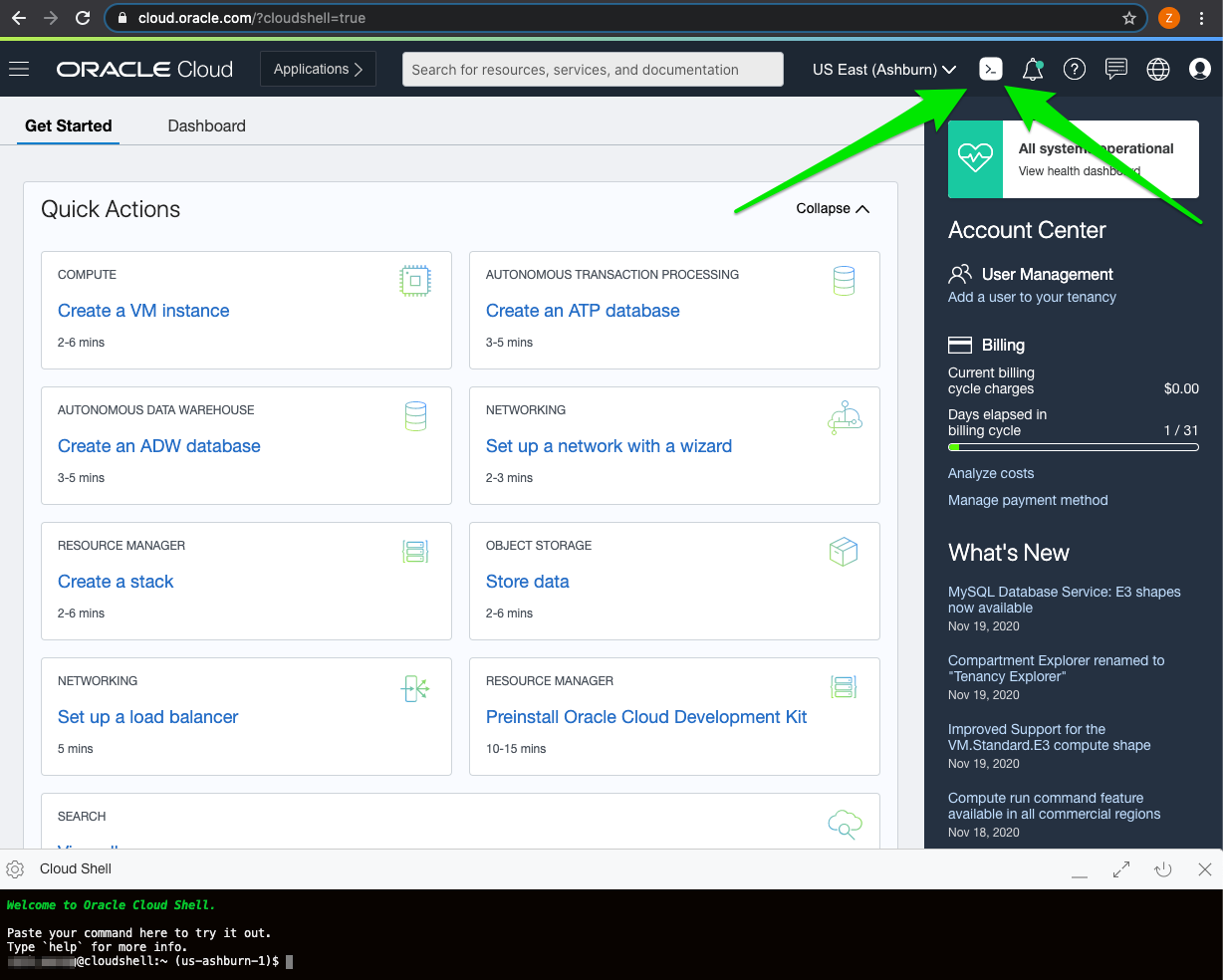 A screenshot of the Oracle Cloud Shell Get Started page with green arrows pointing to a white button in the top-right menu.