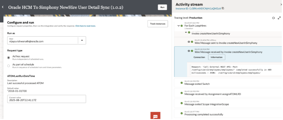 Successful execution of the Integration