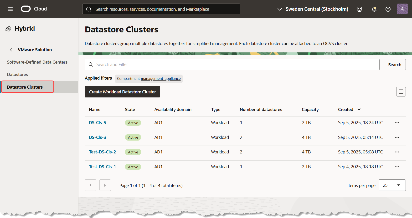 List of Datastore Clusters in the chosen compartment