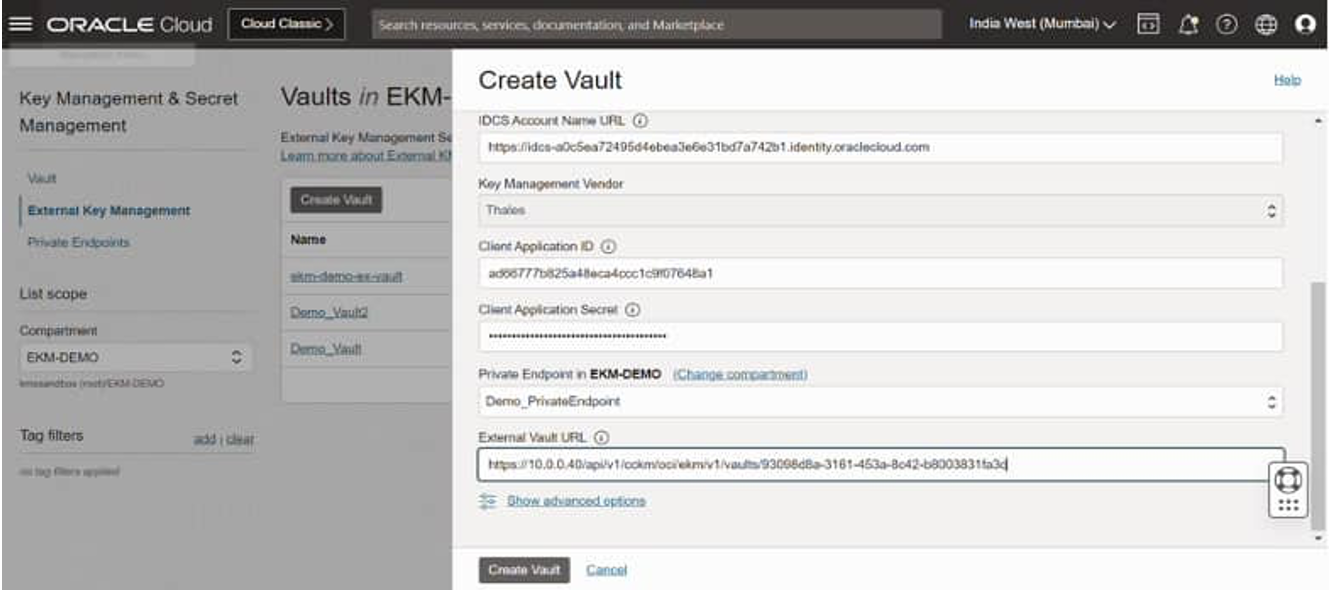 Create an External Vault and Key Reference in OCI EKMS