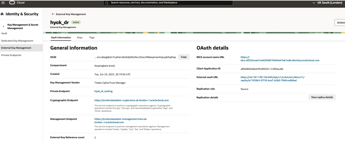 Enable replication for the External Vault in Oracle EKMS