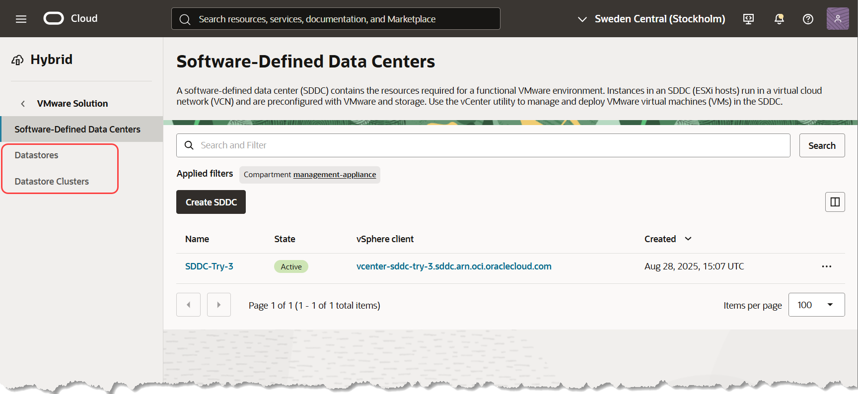 Landing page for VMware Solution in OCI console showing new OCVS resources Datastores and Datastore Clusters