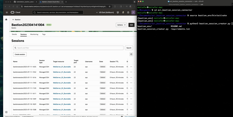 Demo gif of the tool. On the left is the OCI cloud console. On the right is the user terminal running the python tool. 
