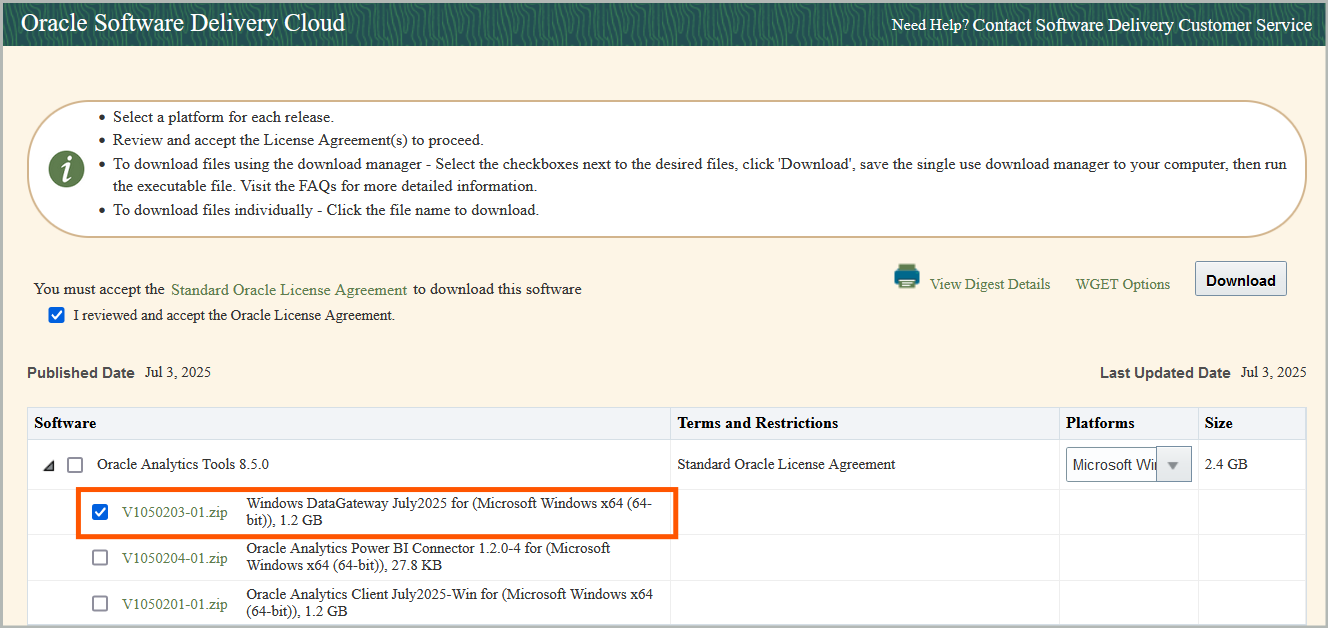 Oracle Software Delivery Cloud download page showing platform selection interface with multiple download options including Windows DataGateway July2025.