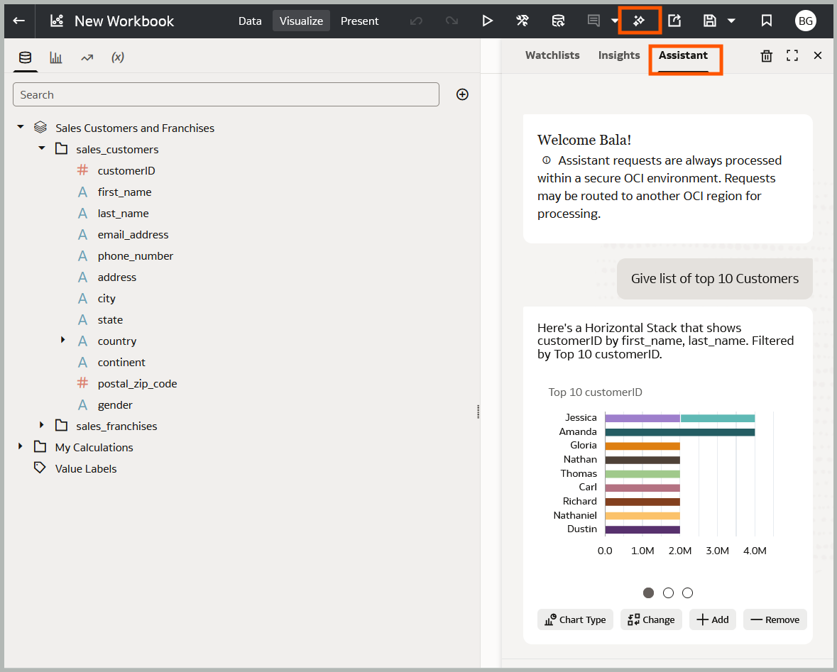 OAC AI Assistant interface displaying natural language query capabilities with sample questions and AI-generated visualizations. The interface shows conversation-style interaction with data insights and automated chart generation.