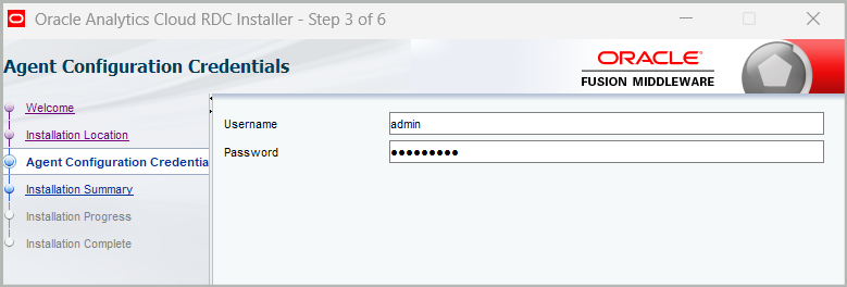 Oracle Analytics Cloud RDC Installer configuration wizard showing  Agent Configuration Credentials. The interface displays username and password fields within the Oracle Fusion Middleware installation framework.