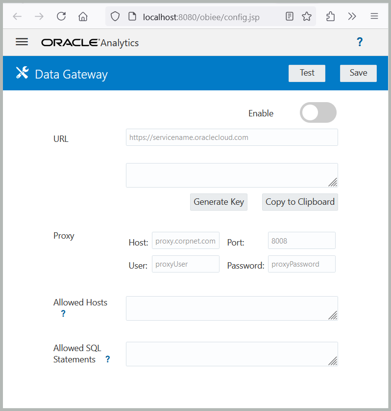 Data Gateway web configuration interface showing the main dashboard with various configuration options, connection status indicators, and administrative controls for managing gateway connections.