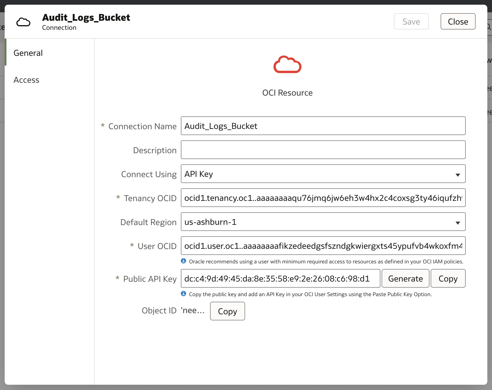Create Connection to Object Storage