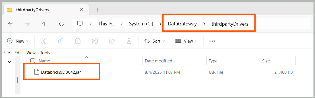 File system directory structure showing the placement of JDBC driver files within the Data Gateway installation folders, demonstrating proper driver configuration.