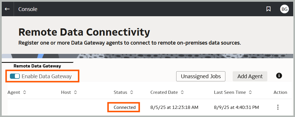 Oracle Analytics Cloud console interface showing the Remote Data Connectivity configuration panel with Data Gateway enablement options and connection status indicators.