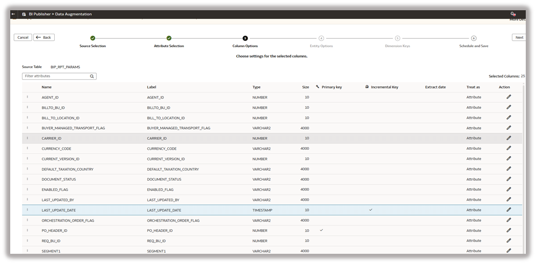 Select the primary and incremental keys