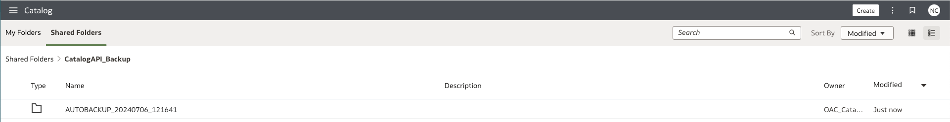 Backup Folder Generated in OAC