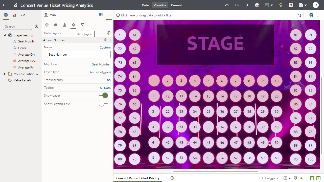 Change the Map Layer and update the transparency to view the Average Price Difference by color by seat