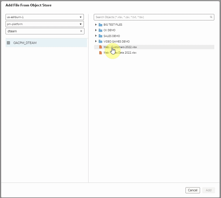 Navigating and searching objects and selecting a file