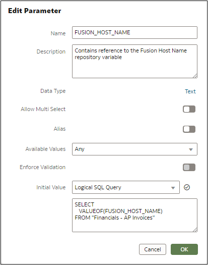 Create Workbook parameter