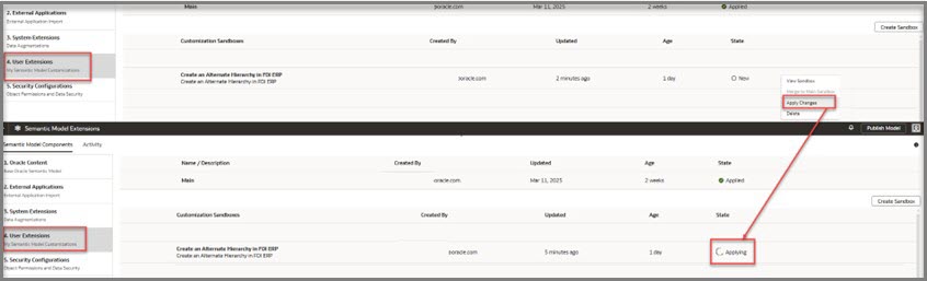To merge and publish the change, navigate to 4. User Extensions, then right click on the sandbox and click Apply Changes. Check the Activity tab to ensure the step completes successfully
