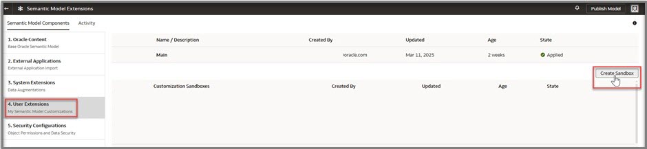 Navigate to 4. User Extensions and click on Create Sandbox.