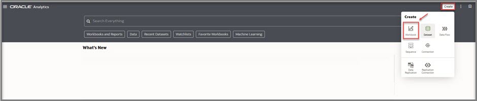 On the Oracle Analytics Home page, click Create and select Workbook.