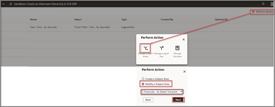 Navigate to Perform Action menu and click on Manage Subject Area, select Modify a Subject Area, select a subject area.