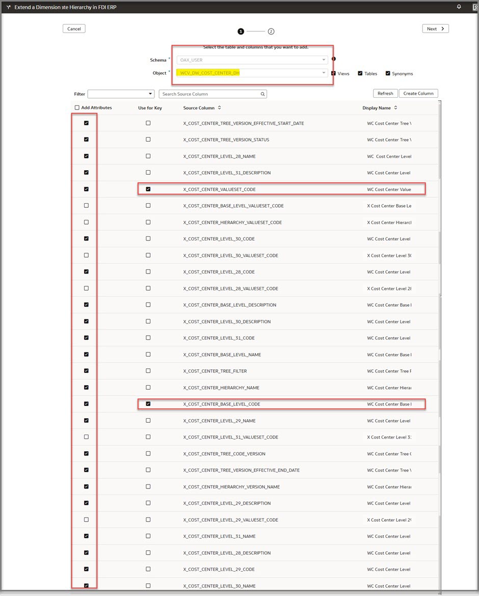 On the Extend Dimension page, select OAX_USER for the schema and the view - WCV_DW_COST_CENTER_DH created in the schema. Select the columns for the alternate hierarchy and keys for the join. Since we are going to be creating a 5-level hierarchy, select levels 31 through 28 and the base level. Rename columns to be used in the hierarchy. 