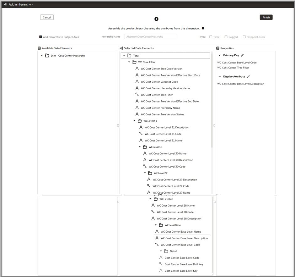 Add Child levels under Total in the Selected Data Elements. Set Primary Keys and Display Attributes for each level. Click Finish after all levels are added.