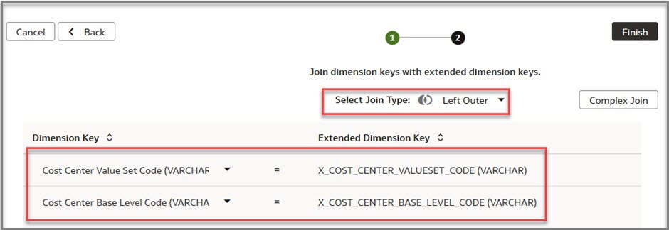 In Step 2 of the Extend Dimension page, select join type as ‘inner’, join on COST_CENTER_VALUESET_CODE and the COST_CENTER_BASE_LEVEL_CODE as displayed below. Click Finish. 