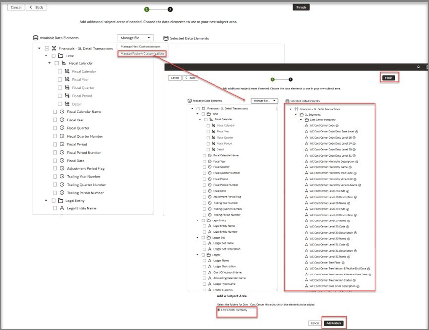 Navigate to Manage Factory Customizations, add the alternate hierarchy, then add it to the Dim-Cost Center Hierarchy folder, click Finish.