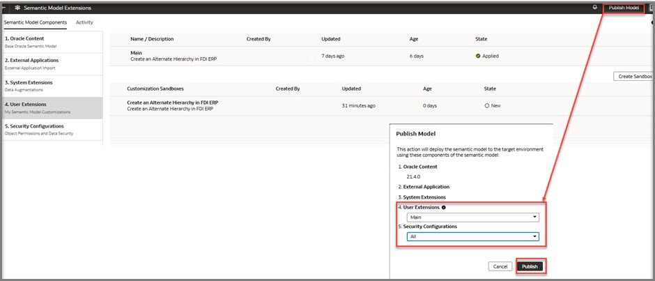 After Merge to Main Sandbox has completed successfully, click  Publish Model. Check the Activity tab to ensure the step completes successfully. 
