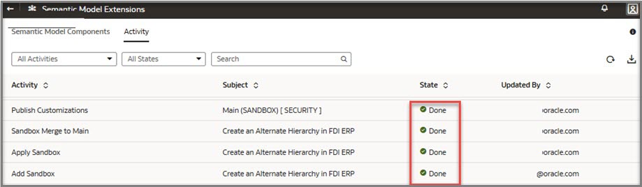 The Activity tab should show the state of Done to confirm all steps are completed successfully.