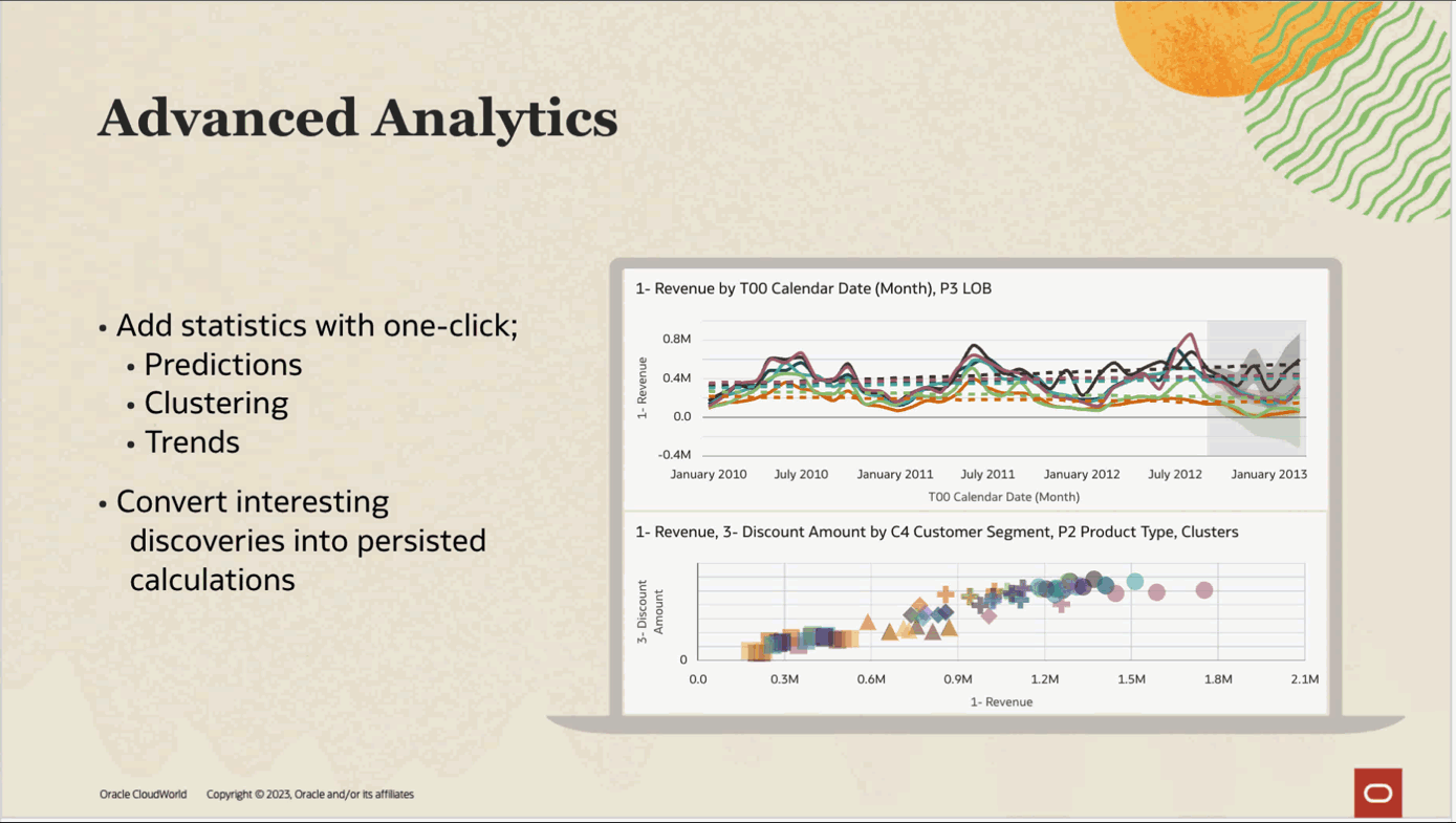 Oracle Analtyics Cloud with live interactive data visualizations embedded into a slide. Live visualizations allow people to focus on the results and making the right decision.