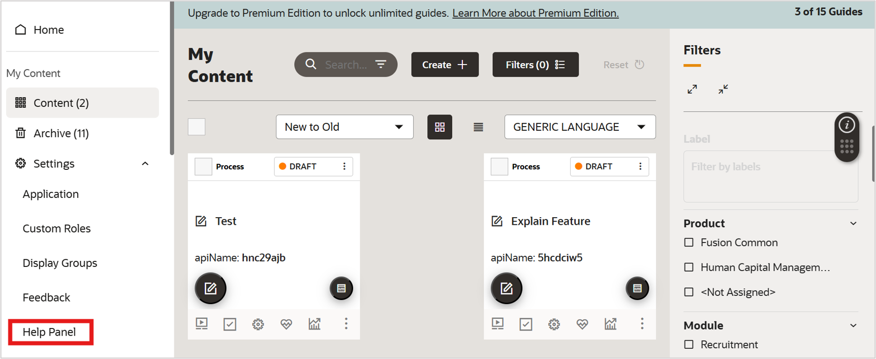 Figure 11: Help Panel settings