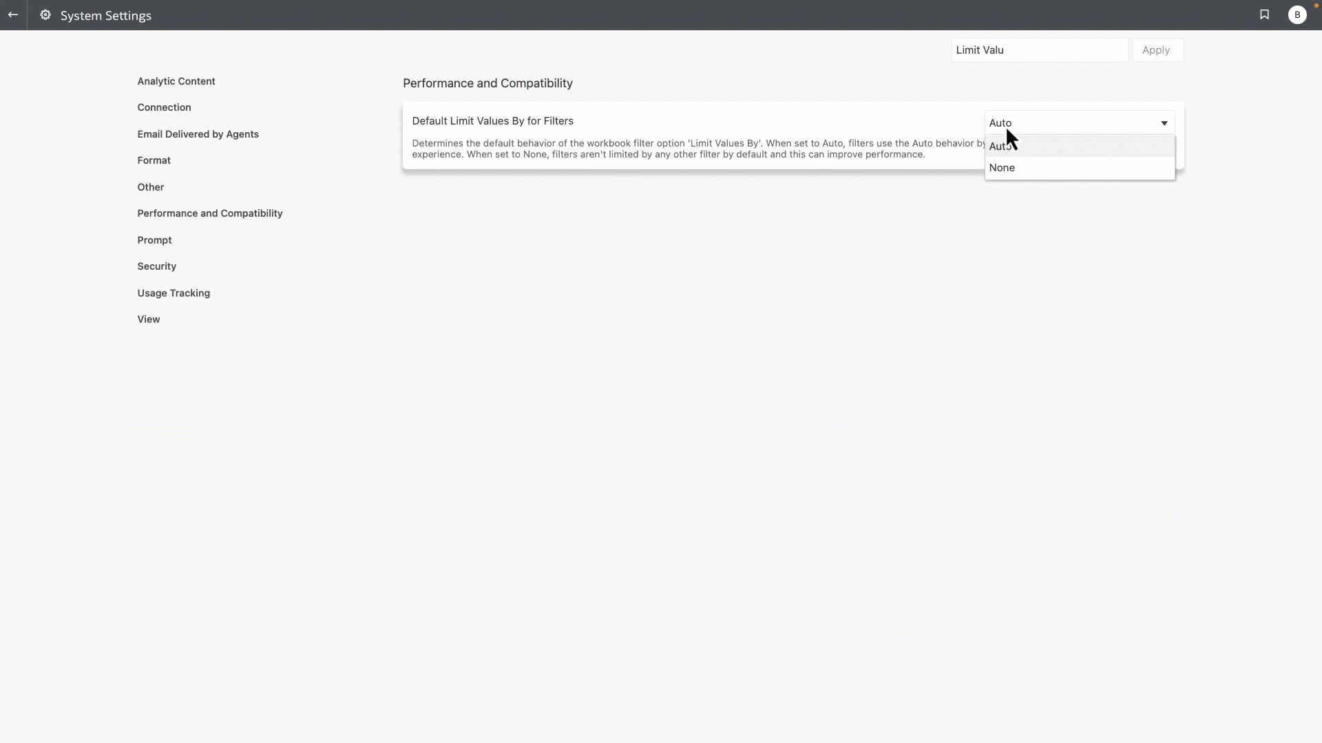 Figure 8: Adjusting Limit Values settings at the instance levels without preventing changes at the dashboard level