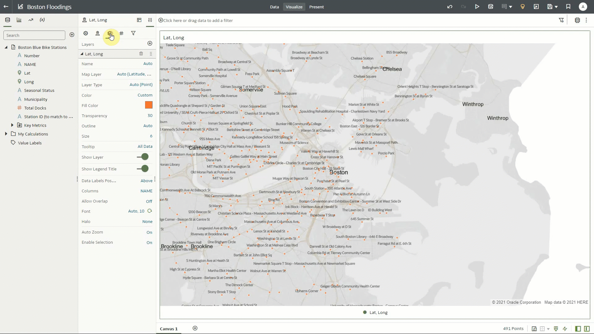 Figure 5: Leveraging reference layers to add predicted flooding data to a map of Boston