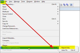 Check Global Consistency of the semantic model to confirm error free before merging.