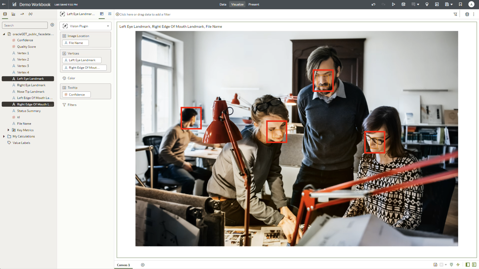 An OAC dashboard using OCI Vision to detect faces in an image 