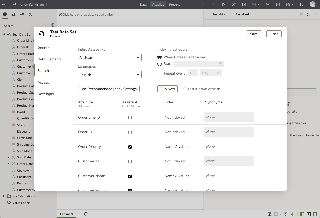 Indexing of the Oracle Analytics Dataset for use of AI assistant