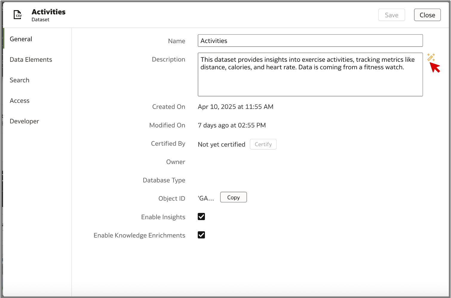 Dataset Inspector with Oracle Analytics AI Assistant to generate descriptions