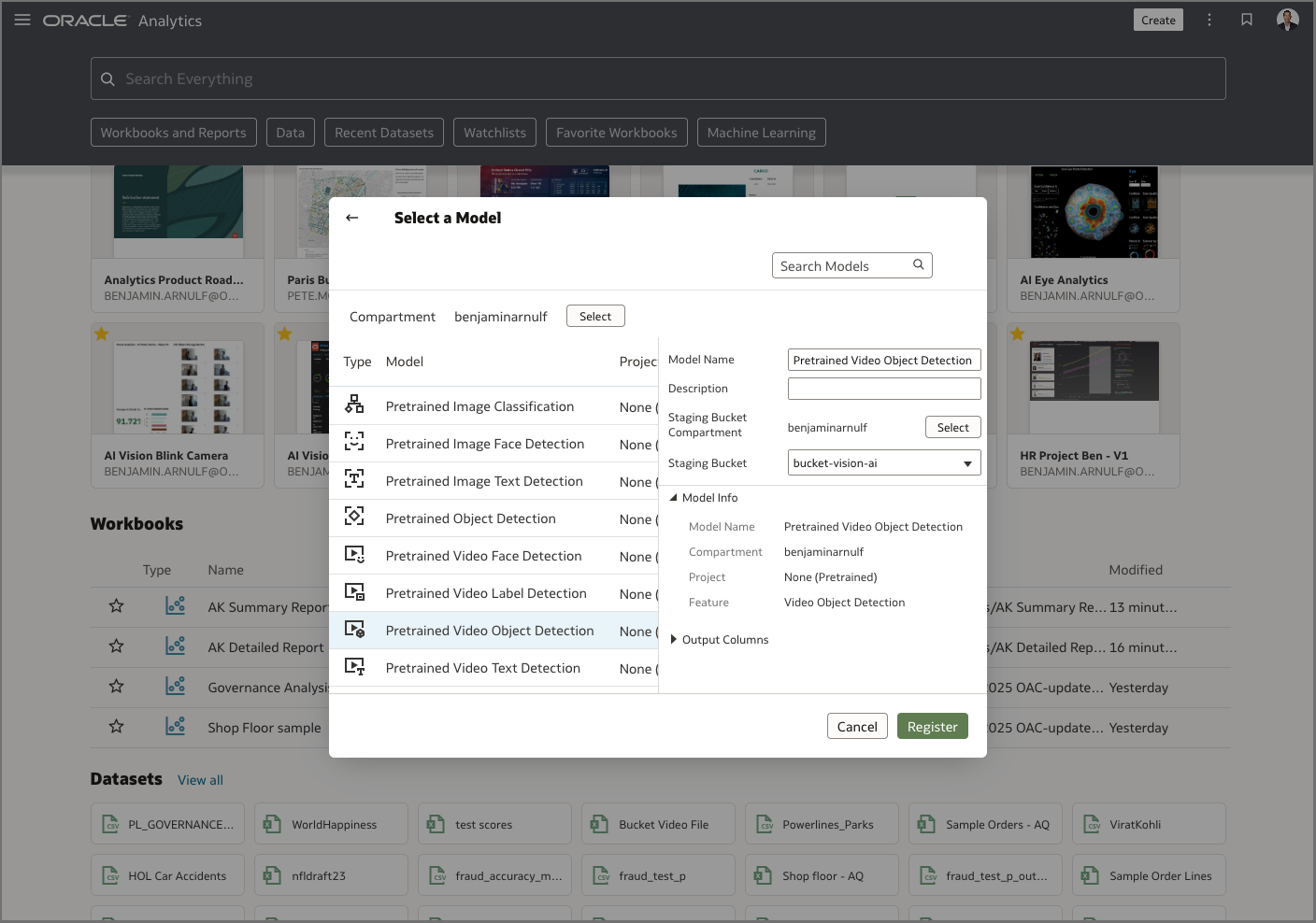 Register the AI Vision Video model in OAC