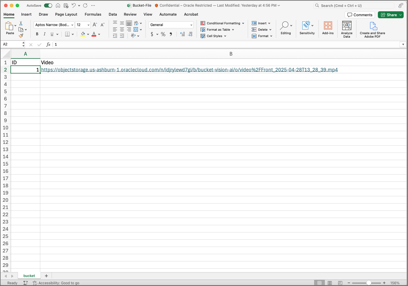 Excel file referencing the video in the bucket