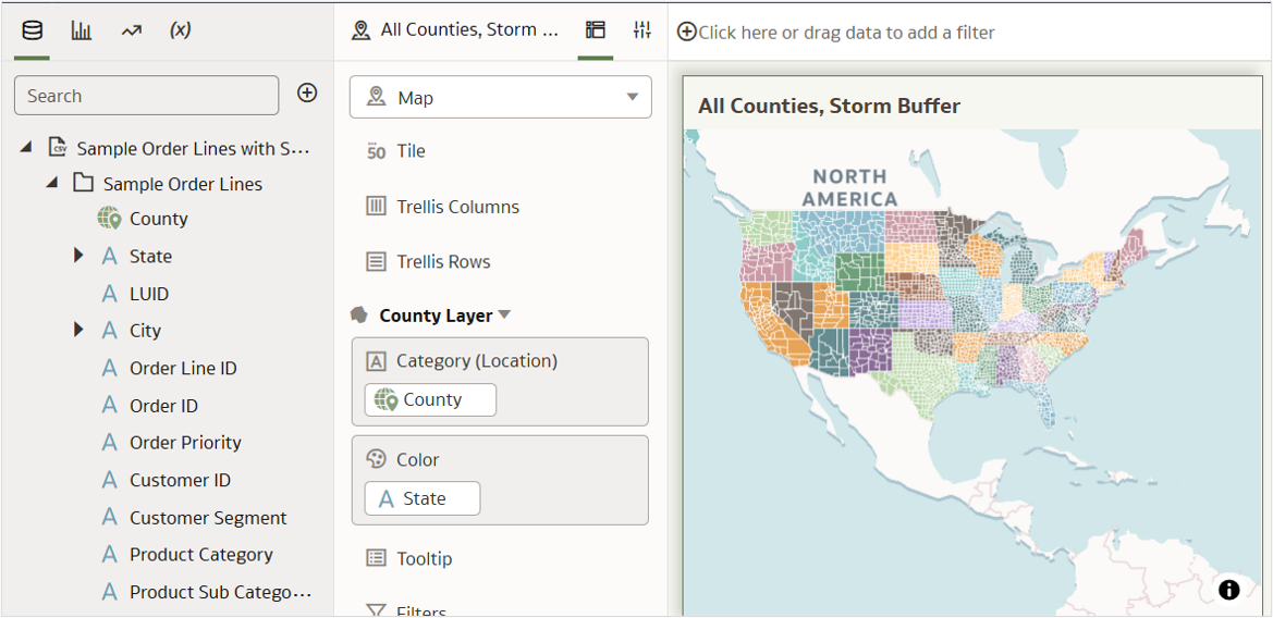 Figure 3. Geometry data type column County used to bring the US County shapes on to the canvas without any additional map layer configuration