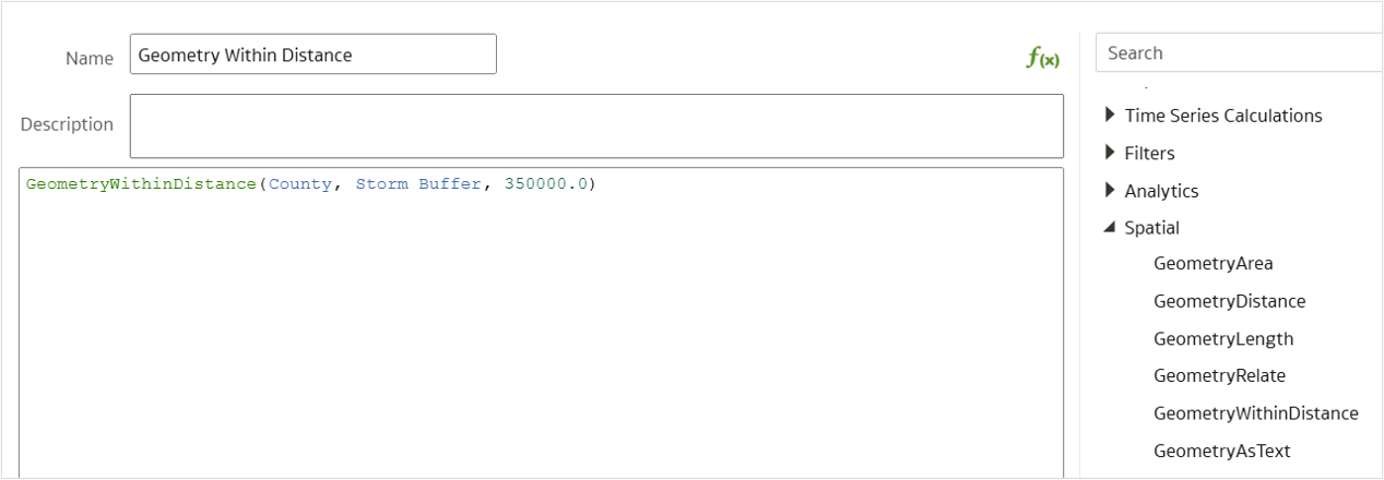 Figure 4. GeometryWithinDistance calculation used to discover the US counties within in a range of 350 KM from the Storm Buffer