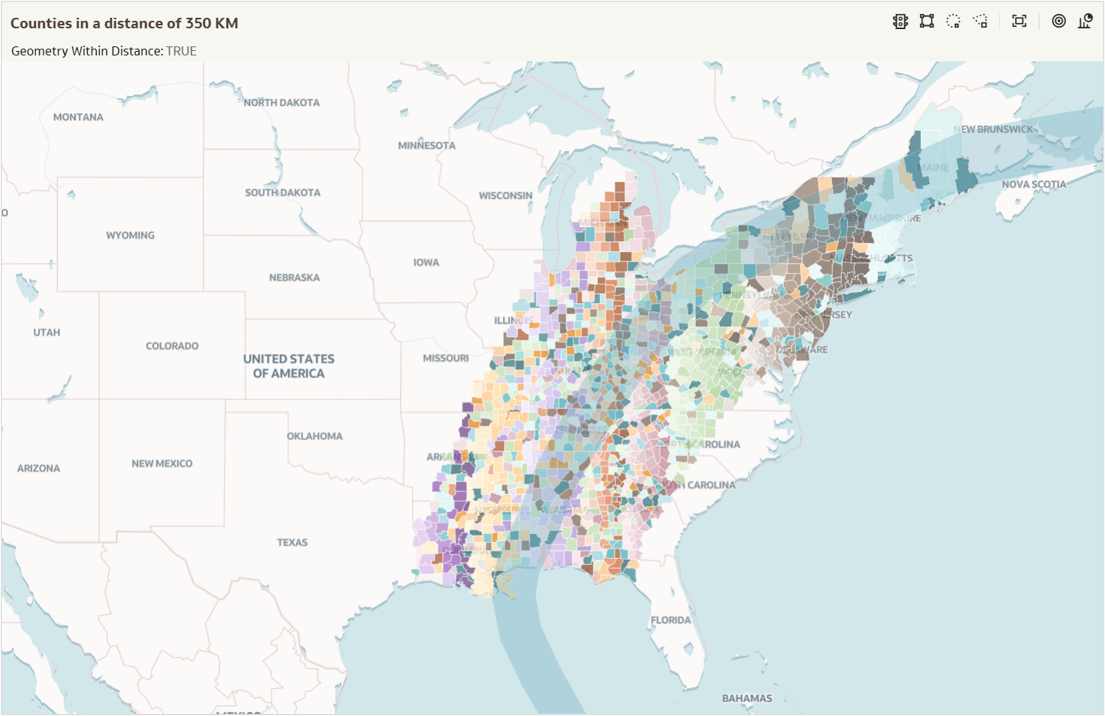 Figure 5. Output of GeometryWithinDistance when used with the Geometry columns, County and Storm Buffer