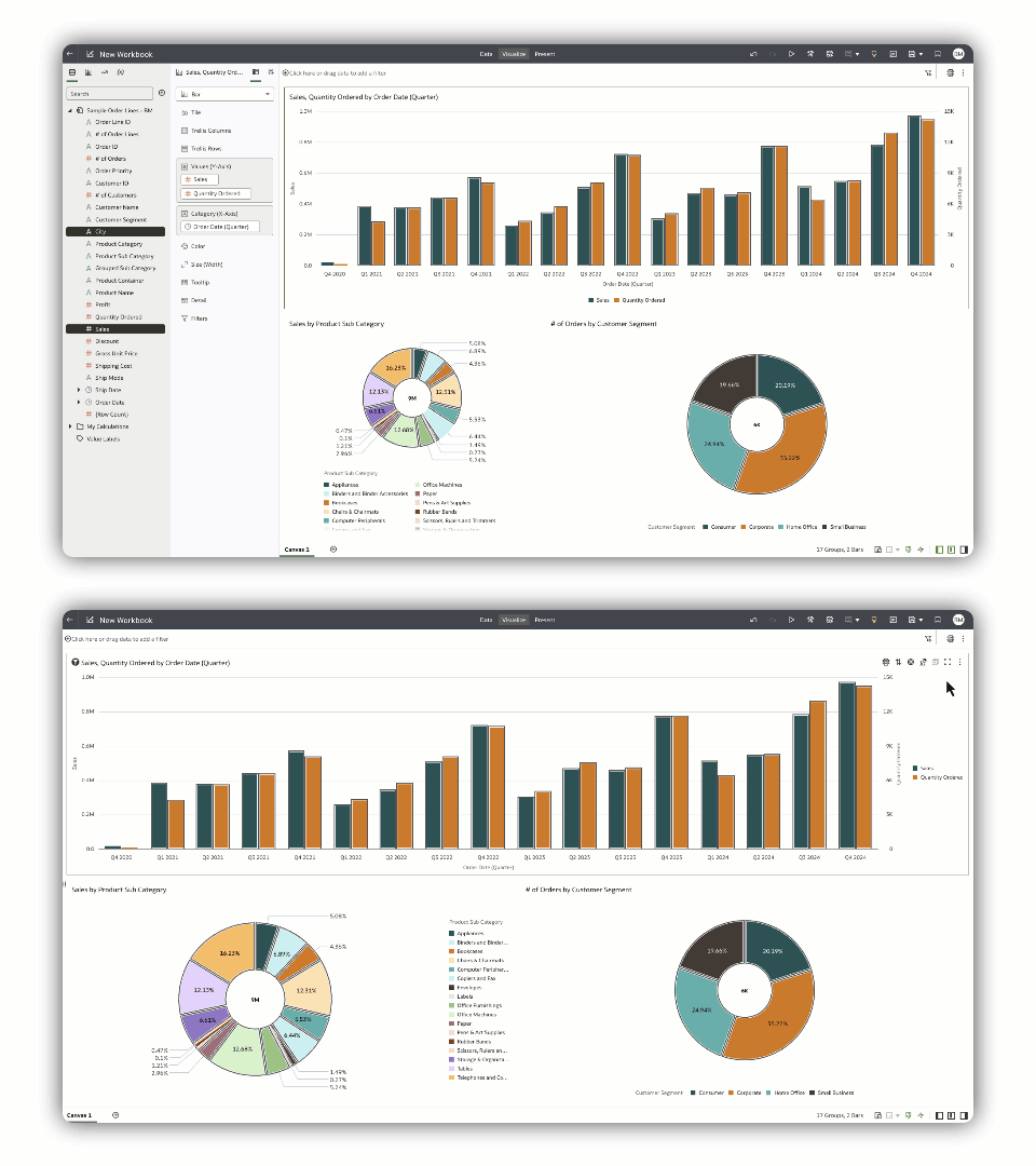 The top image illustrates the standard approach to building, which requires both knowledge of the product and data sets. In contrast, the bottom image shows the AI-assisted method for modifying the dashboard.