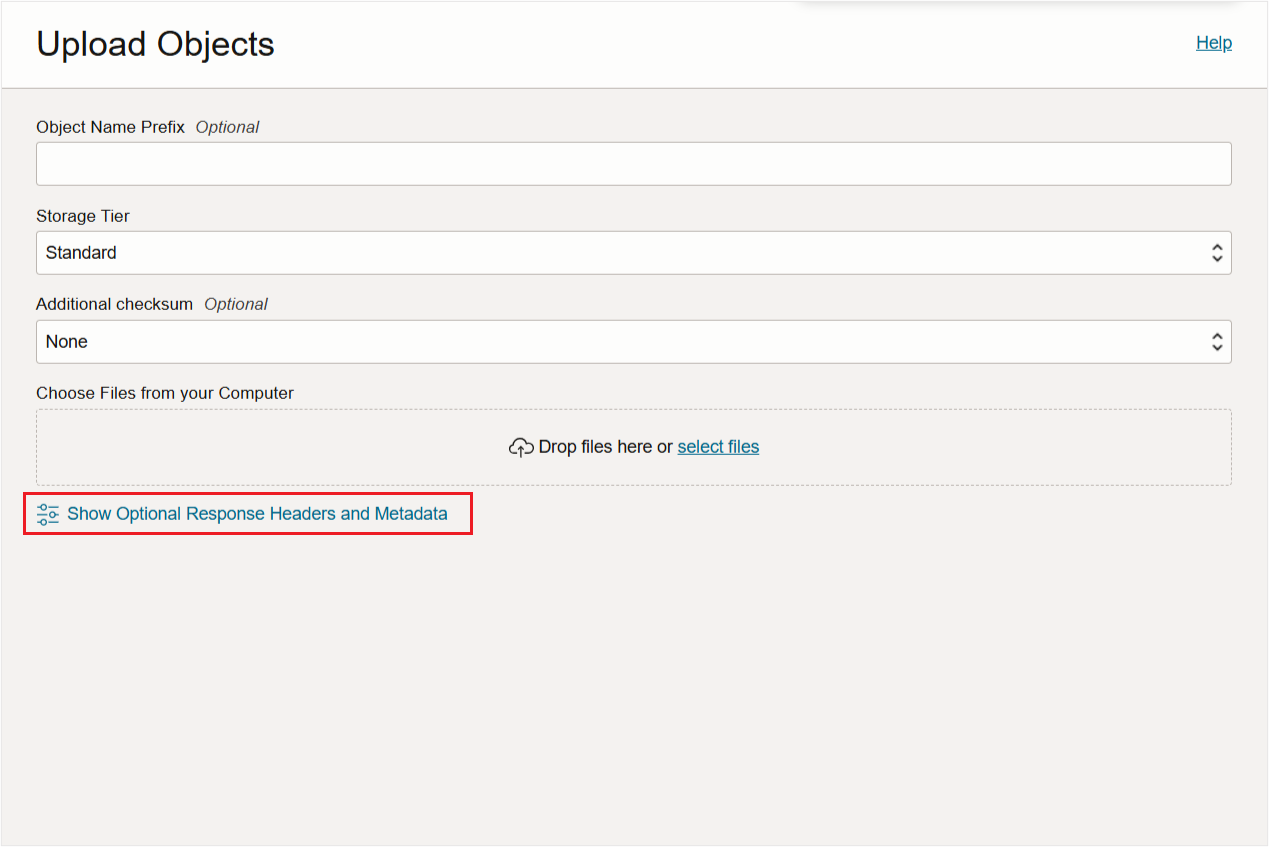 Upload Objects screen in OCI Object Storage