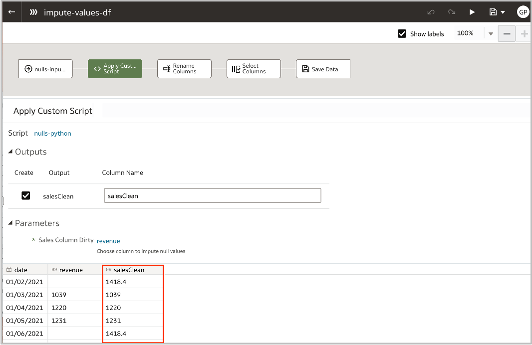 Shows apply custom script step in the data flow